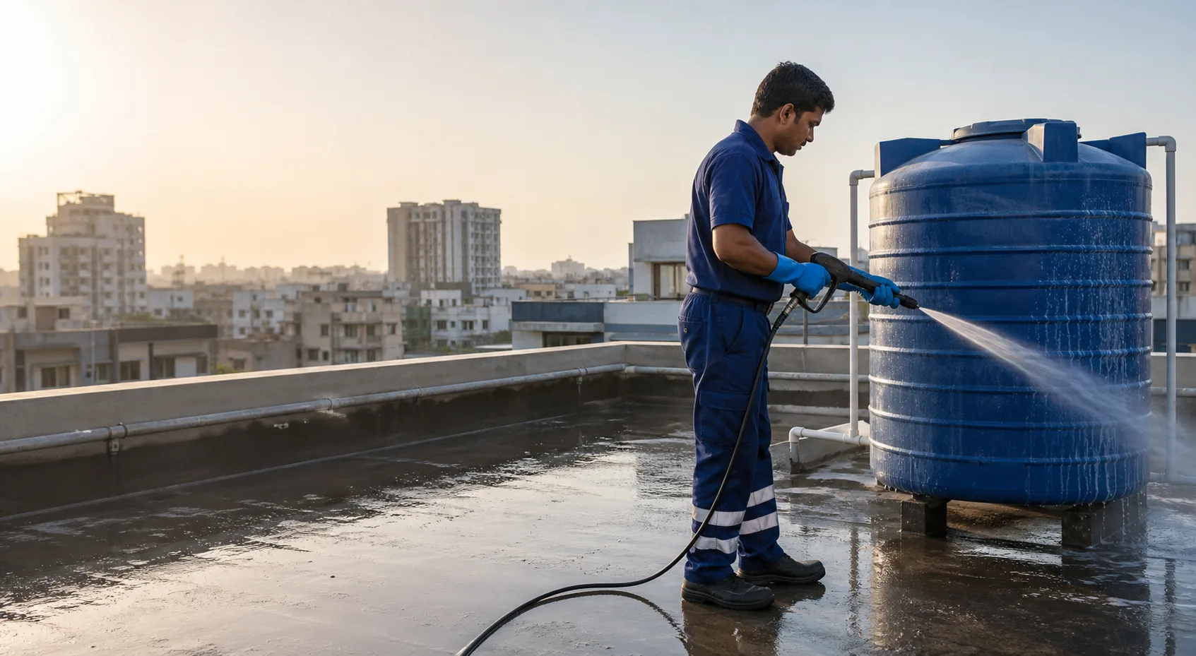 Uniformed tank cleaning technician with jet washer beside a rooftop water tank in Ahmedabad