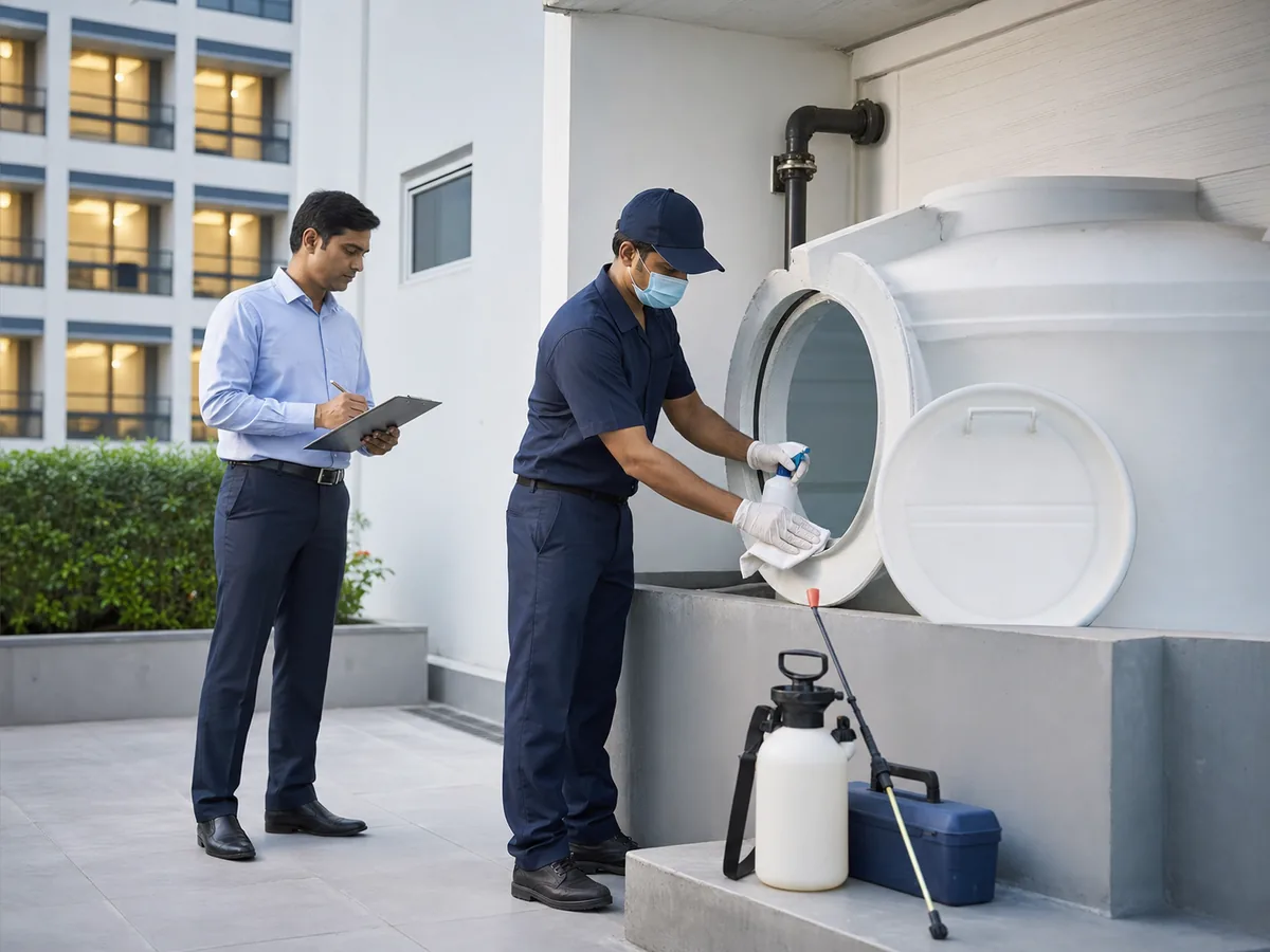 Commercial facility water tank sanitisation with technician and inspection checklist
