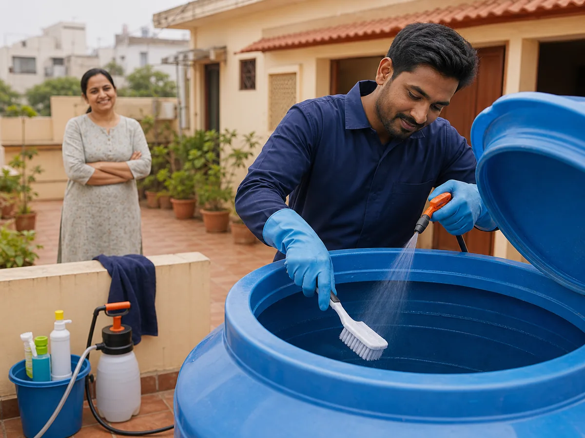Domestic water tank cleaning at a bungalow terrace with sanitising equipment