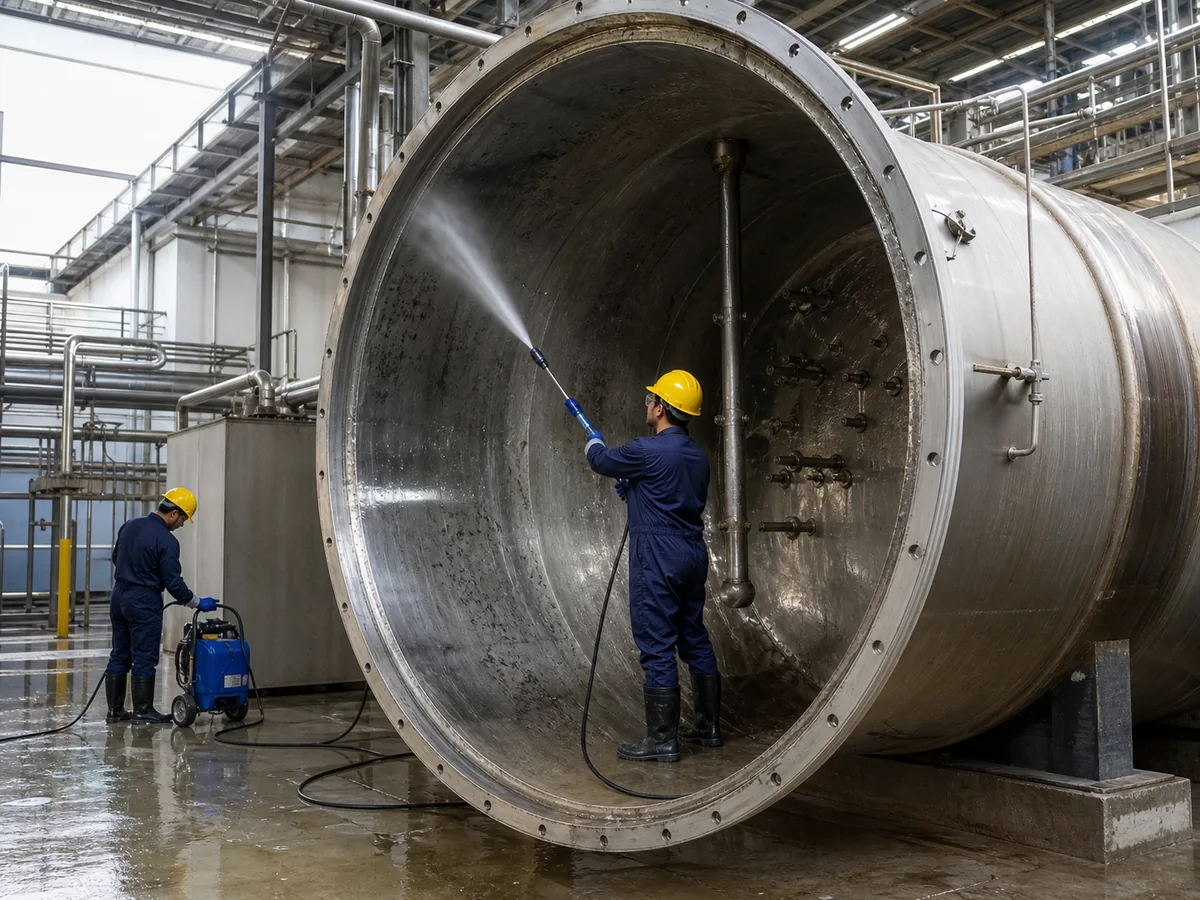 Industrial cleaning crew pressure washing a large stainless steel process tank