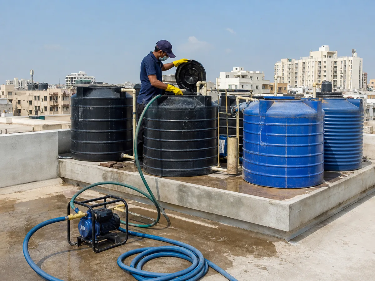 Overhead rooftop water tanks with portable cleaning equipment and technician