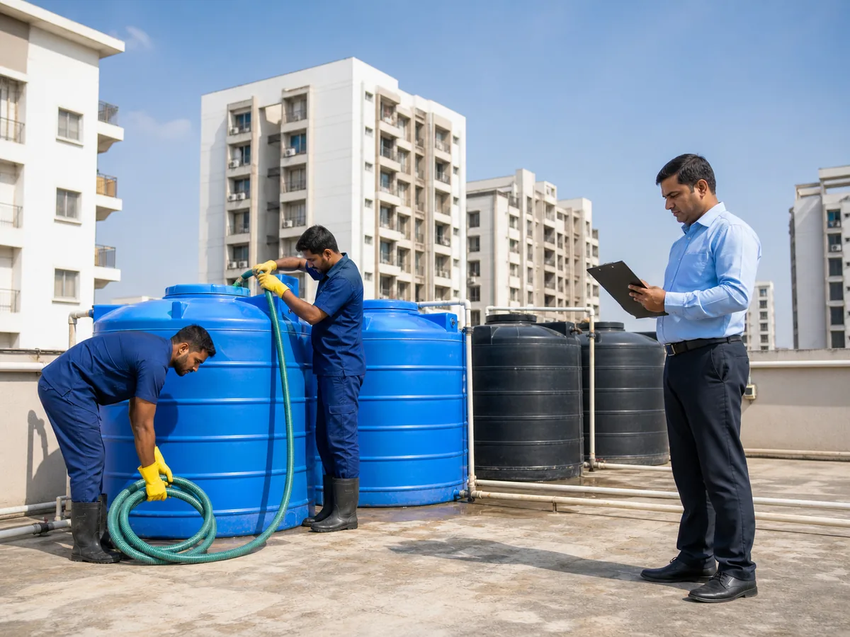 Apartment society rooftop water tanks cleaned by a scheduled service crew