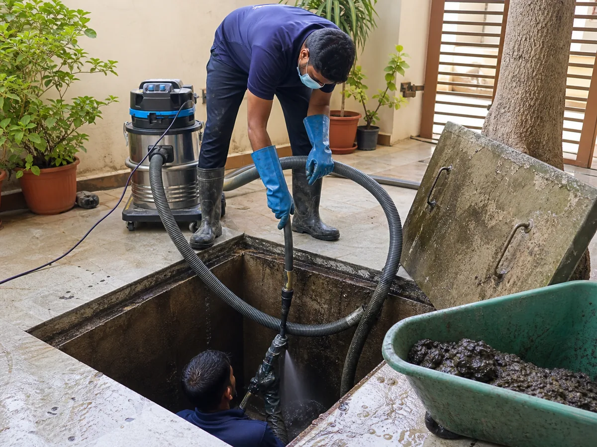 Technicians de-sludging a ground-level sump tank with vacuum and hose equipment