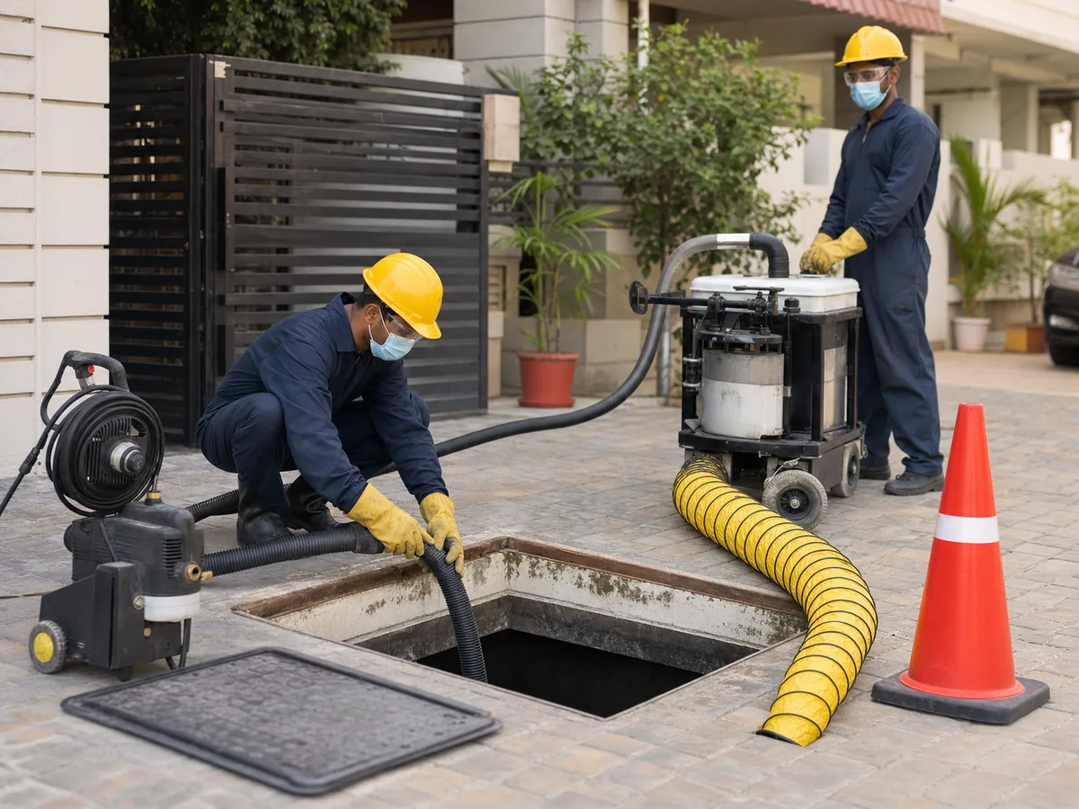 Technicians preparing safety equipment and hoses for an underground tank clean